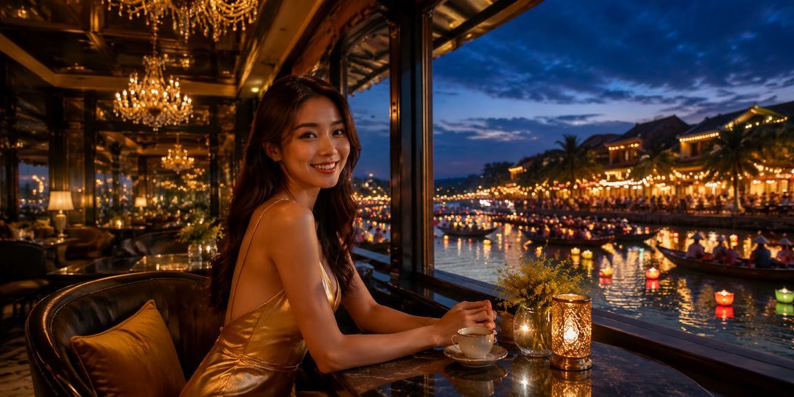 Người chơi tại Hội An thư giãn và xem thông tin cá cược 558 bên ly cà phê